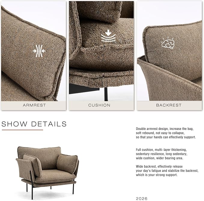 Modern Boucle Accent Chairs Set of 2 for Living Room ChairsOversized Upholstered Reading Chair Lounge Armchair with Sturdy Metal LegsComfy Single Sofa Chair for Living RoomWaiting Room（Brown）