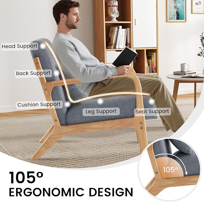 Mid Century Modern Accent Chair Set of 2 Upholstered Chair for Living Room Accent Chair with Lumbar Pillow Solid Wood Frame Reading Chair Armchair for Bedroom Small Spaces Darkgrey