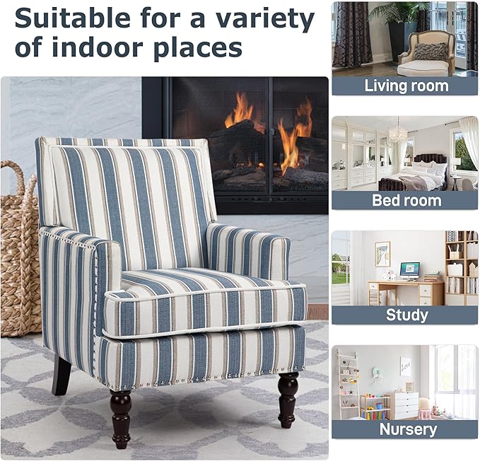 Accent Chair Modern Comfy Mid-Century Accent ChairsLinen Upholstered Lounge Arm Chair with Solid Wood Reading Side Padded Single Sofa for Living Room/Office/Balcony/Bedroom-Blue Stripe