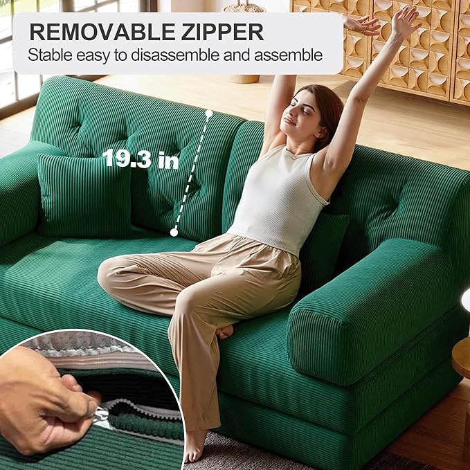 5-in-1 Folding Convertible Sofa Bed Loveseat Sleeper with Pull-Out Bed Floor Sofa Modular Futon Couch 79 Oversized Corduroy Upholstered Boneless Couch for Living Room Bedroom Lounge Green-C
