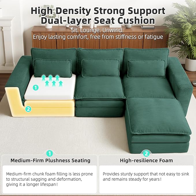 109 Sectional Couches Boneless Modular Sofa for Living Room with Ottoman | No Assembly Required Sofa Bed L shaped Couch | Corduroy Deep Seat Couch with Double Layer Cushion &amp Removable Cover | Gr