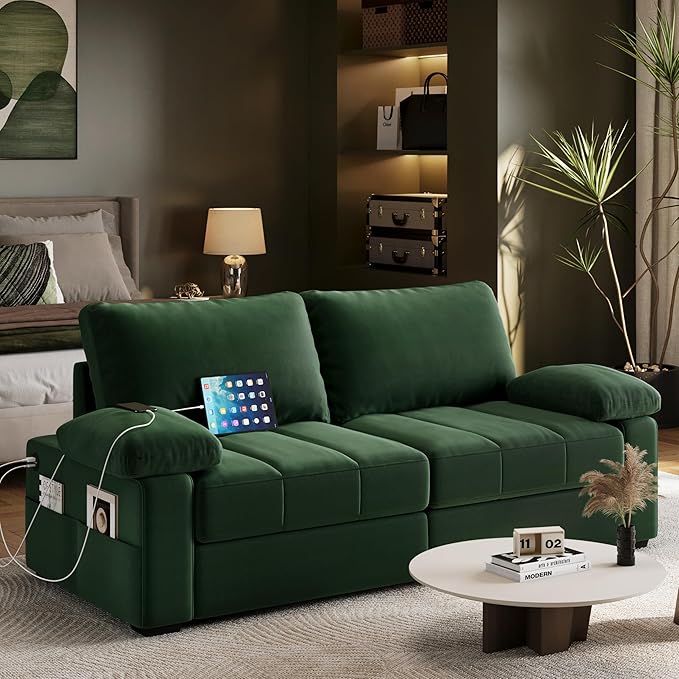 Yaheetech 79 Velvet Modern Sofa Couch with Storage Pockets and USB Ports 2 Seater Comfy Loveseat Sleeper with Removable Armrest Pillow &amp Cover for Living Room Apartment Bedroom Green