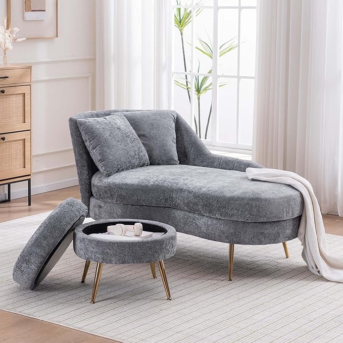 Chaise Lounge Chair Indoor Chenille Upholstered Chair with Left Armrest &amp Pillow Modern Lounge Chairs Sofa with Footstool for Living Room Bedroom Office (Grey)