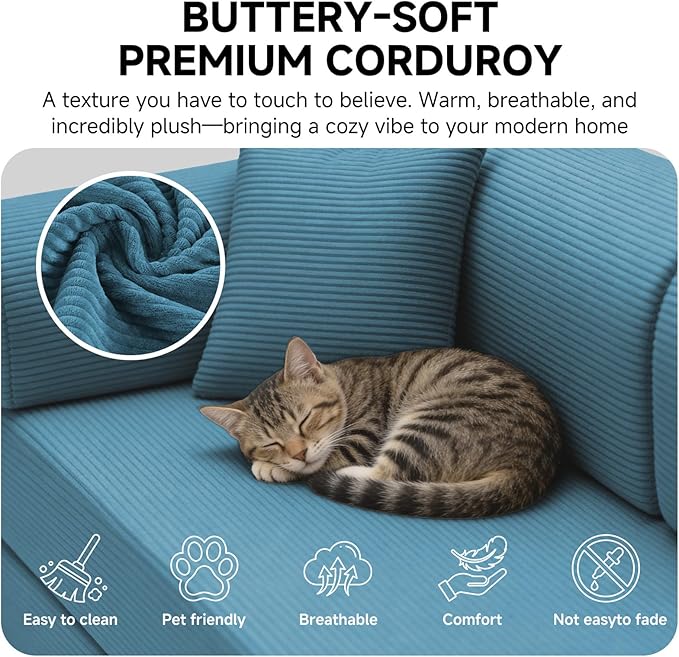 106” Cloud Sectional Couch L-Shaped Sofa with Right Facing Chaise Corduroy Boneless Couches Compressed Modular Sectional Sofa with Deep Seat High Backrest Headrest (Azure)
