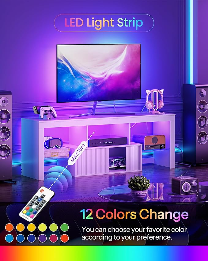 TV Stand with Power Outlet Modern TV Cabinet for 55 60 inch TVs Media TV Console with LED Light Strip Media Entertainment Center with Storage for Living Room Bedroom White MDS02UDWB