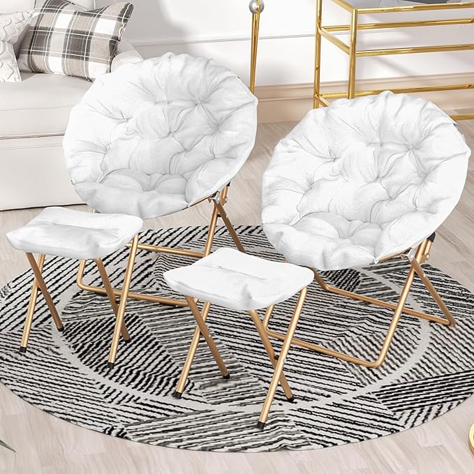 Comfy Saucer Chair Set of 2 with Footrest Metal Frame Cozy Lounge Lazy Chair Folding Faux Fur Round Saucer Chair for Adults Foldable Papasan Moon Chair for Living Room Dorm Bedroom