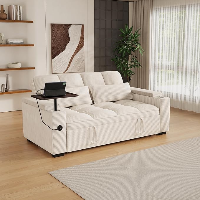 65 Sofa Bed Loveseat 3-in-1 Sleeper Sofa with Pull Out Bed 360° Swivel Side Table and USB 2 Seater Convertible Small Couch for Living Room Apartment (Beige Corduroy)