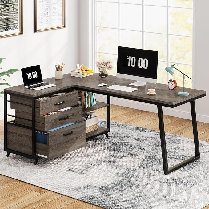 Tribesigns L-Shaped Desk with 3 Drawers Reversible Corner Home Office Computer Desk with Shelves 53-Inch Industrial PC Desk Study Writing Table Workstation for Small Space Grey