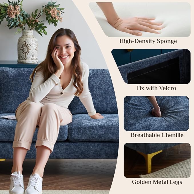 Karl home 110 Sectional Sofa U-Shaped 4-Seat Couch with Chaises Chenille Fabric Upholstered for Living Room Apartment Office Dusty-Blue
