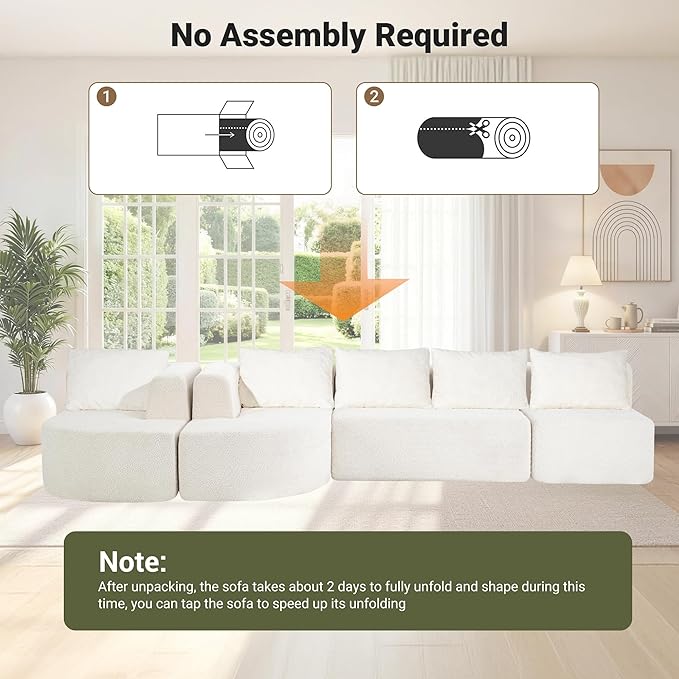 144 Modular Sectional Sofa No Assembly Required U-Shaped Cloud Couch with Chaise Modern Curved Boneless Sofa in Luxurious Boucle Fabric Deep Seats Memory Foam (White) | Zero-Assembly Design Clou