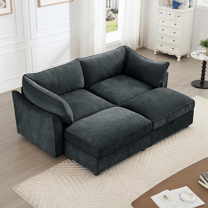 Modular Sectional Sofa with Pull Out Storage Drawers 78.7 Comfy Chenille 2-Seat Sofa with 2 Storage Ottomans Upholstered Deep Loveseat Couch with 2 Armrest Pillows for Living Room Grey