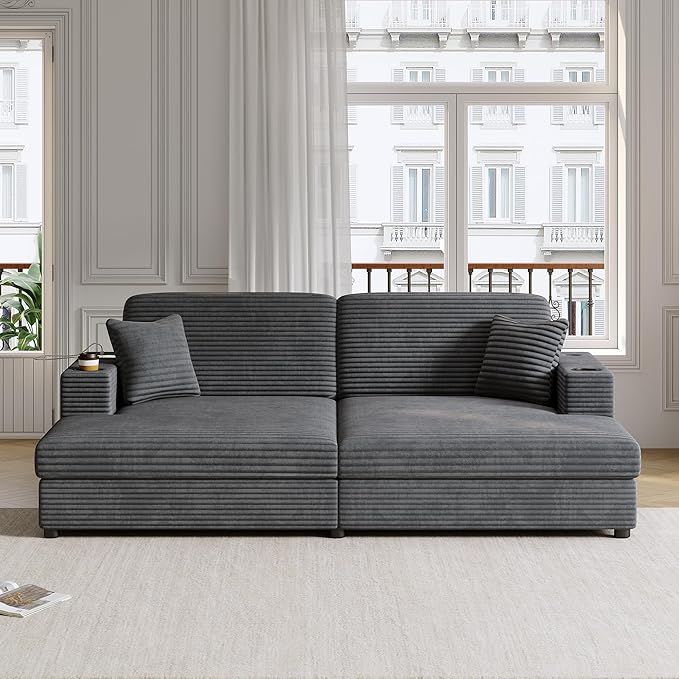 86.5 Oversized Double Chaise Lounge Indoor Corduroy Upholstered Sofa Bed  Deep Seat Lounger Loveseat Recliner Daybed with Dual USB Ports  Two Cup Holders and Throw Pillows for Living Room Bedroom