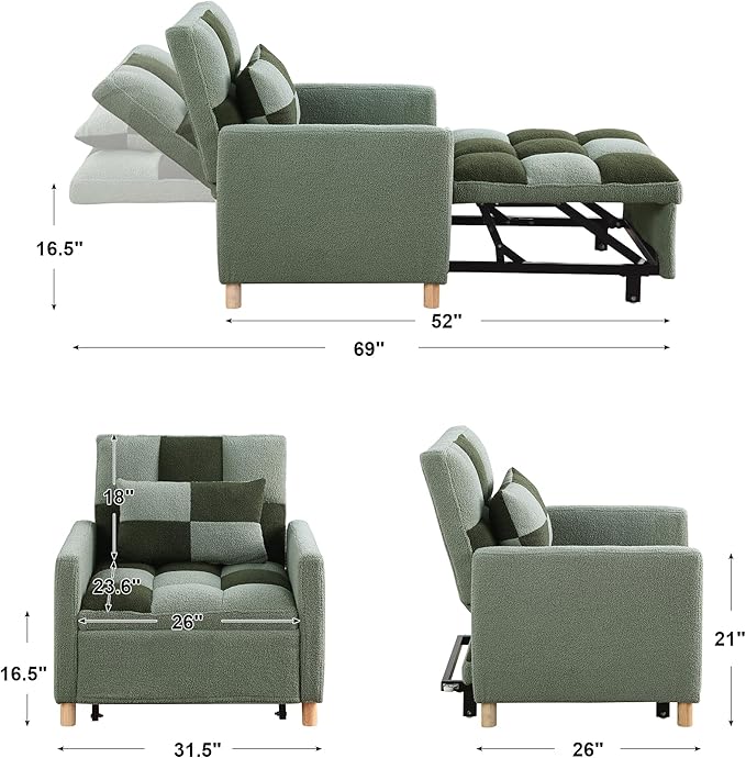 Sleeper Chair Pull Out Bed for Small Space Teddy Fabric Single Sofa Chair Bed with Adjustable Backrest