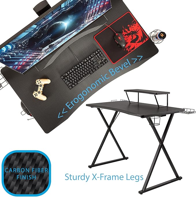 Seville Classics airLIFT Computer Writing Desk w/ Headset Cup Speaker Holders Monitor Riser Table Modern Work for Home Office Workstation Black 42 Carbon Fiber X Frame