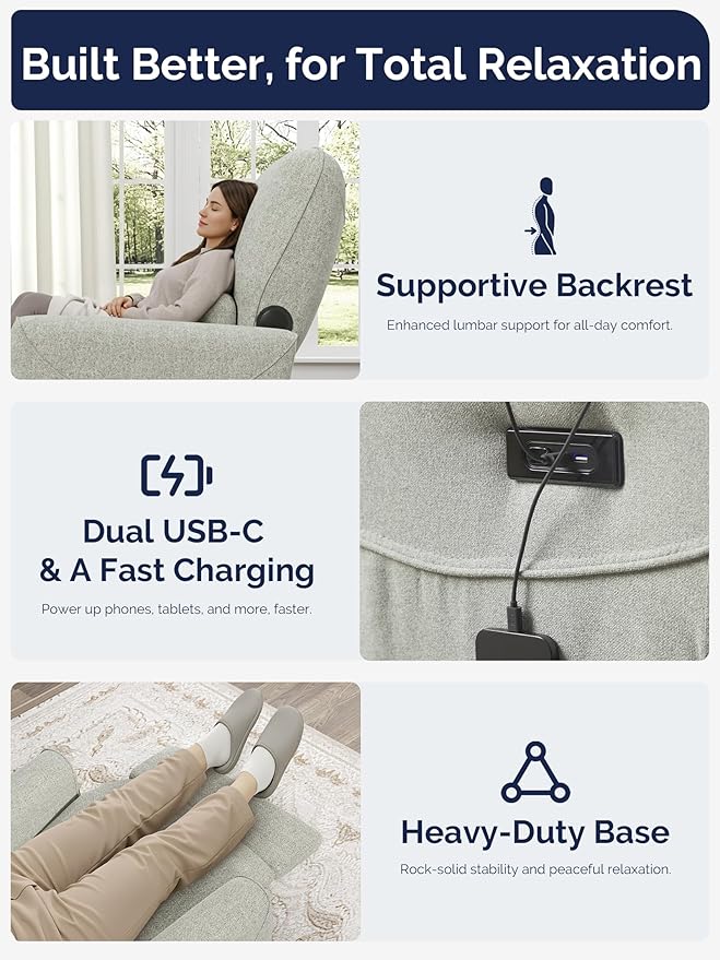 KINGYES Power Recliner Chair 270° Swivel Glider Living Room Recliner with USB-C Port Nursery Rocking Chair Gray
