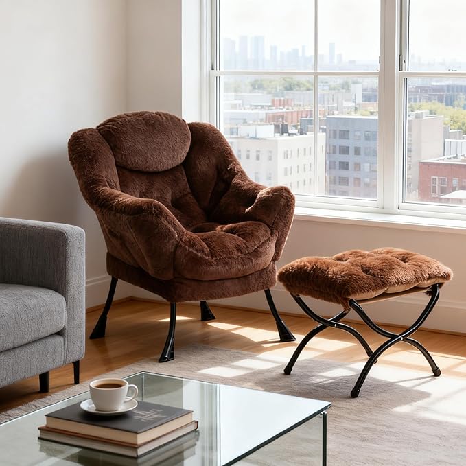 HollyHOME Lazy Chair with Foldable Ottoman Accent Comfy Lounge Armchair and Folding Footrest Stool Leisure Sofa Reading Chair and Footstool for Living Room Bedroom DormFaux Fur Dark Coffee