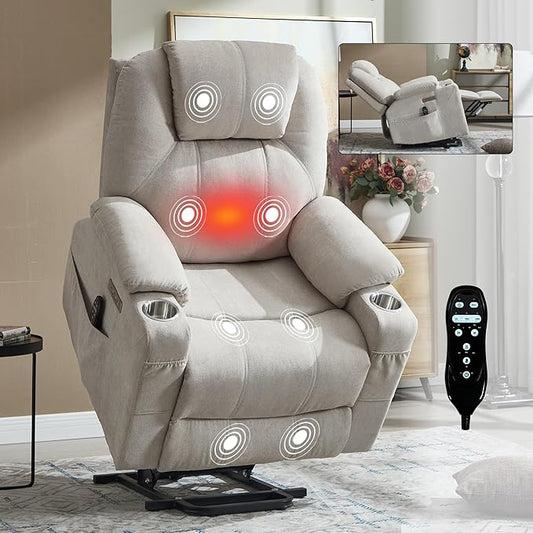 Chenille Electric Power Lift Recliner Chair Massage Single Sofa with Vibration Massage and Lumbar Heating Ergonomic Lounge Couch with Cup Holders and USB Charge Port for Living Room (Beige)