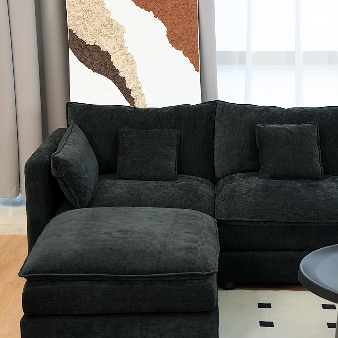 Oversized L-Shaped Modular Sectional Sofa with Storage Armrest Reversible Couch with Movable Ottoman USB Ports Cup Holders 360°Swivel Tray Comfy Cloud Cushions for Living Room (Black 144.49)
