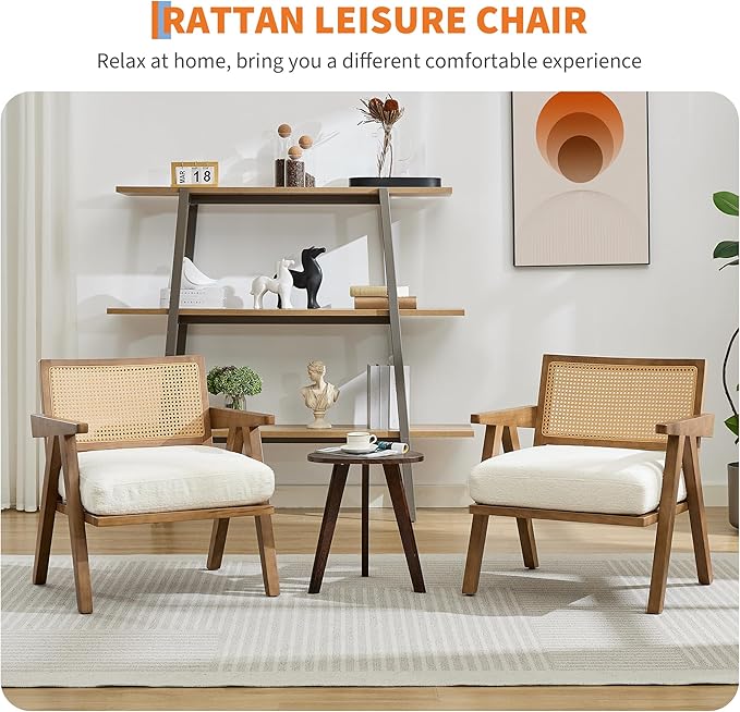 GarveeHome Mid-Century Farmhouse Accent Chair - Wood Armchair with Rattan Backrest &amp Linen Cushion for Living Room Bedroom - White Easy Assembly(2 Pcs)