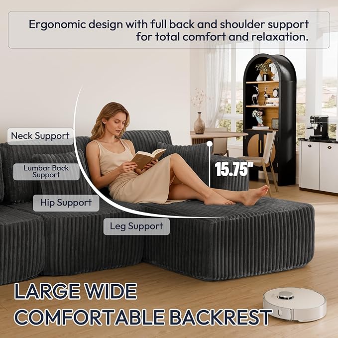 132 U Shaped Couch Modular Sectional Sofa with Chaise Corduroy U Shaped Boneless Couch with Deep Seat Upholstered Modular Cloud Sofa for Living Room No Assembly Required Grey
