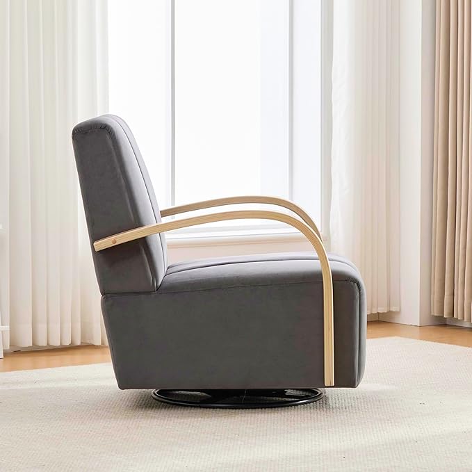 30.3 W Swivel Accent Chair with Solid Wood Armrests Modern Upholstered Armchair with Metal Base 360 Degree Comfy Lounge Reading Chair for Living Room Bedroom or Office (Charcoal+Velvet)