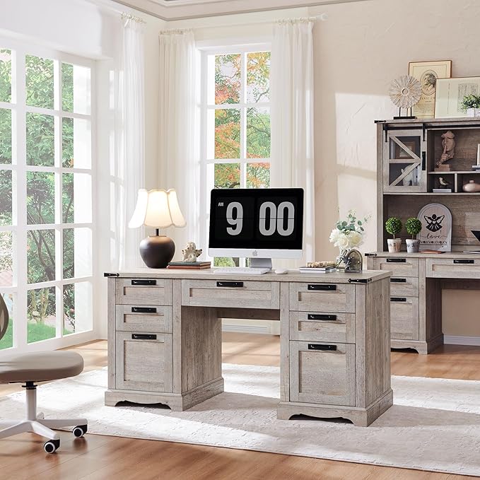 RedLemon 60 Farmhouse Executive Desk Home Office Desk with Drawers Charging Station Keyboard Tray File Drawer Storage Cabinet Wood Rustic Computer Writing Desk (Light Rustic Oak)