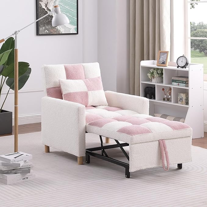 Sleeper Chair Bed Multi-Functional Convertible Chair Sleeper Teddy Fabric Adjustable Single Pull Out Sofa Bed with Lumbar for Apartment BedroomOfficeLiving Room (Beige&ampPink)