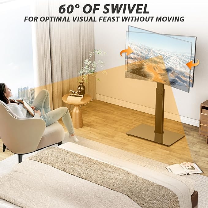 TAVR Universal Floor TV Stand Base for 32-75 Inch TVs up to 110 Lbs with Swivel Height Adjustable Mount Black Tempered Glass Base for Media Storage and Space Saving
