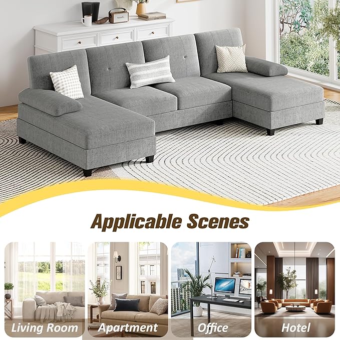 JY QAQA Sectional Couche with Soft Cushion U-Shaped Sofa with Double Chaise 4-Seat Linen Fabric Sofa Sets for Living Room Apartment Taupe
