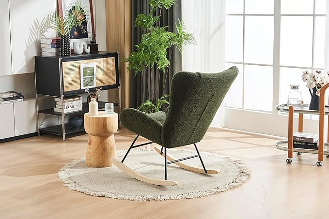 Rocking Chair Nursery Solid Wood Legs Reading Chair with Teddy Fabric Upholstered Nap Armchair for Living Rooms Bedrooms Offices Best GiftGreen Teddy Fabric
