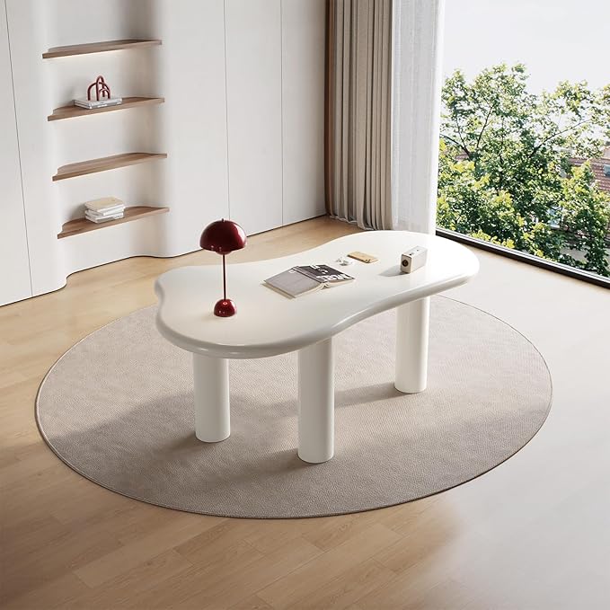 62.2 Home Office Desk Modern White Irregular Work Desk for Home Office Spacious Dining Table with Stable Support Legs for Kitchen Living Room Bedroom