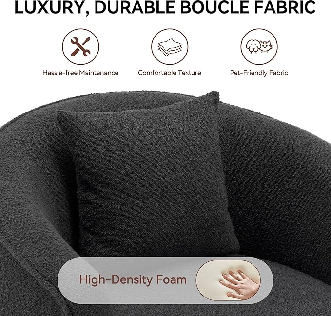 Swivel Accent Chair Modern Upholstered Boucle Barrel Arm Chairs with Pillow for Living Room 360 Degree Round Swivel Sherpa Armchair with Round Base for Bedroom Club (1 Dark Grey)