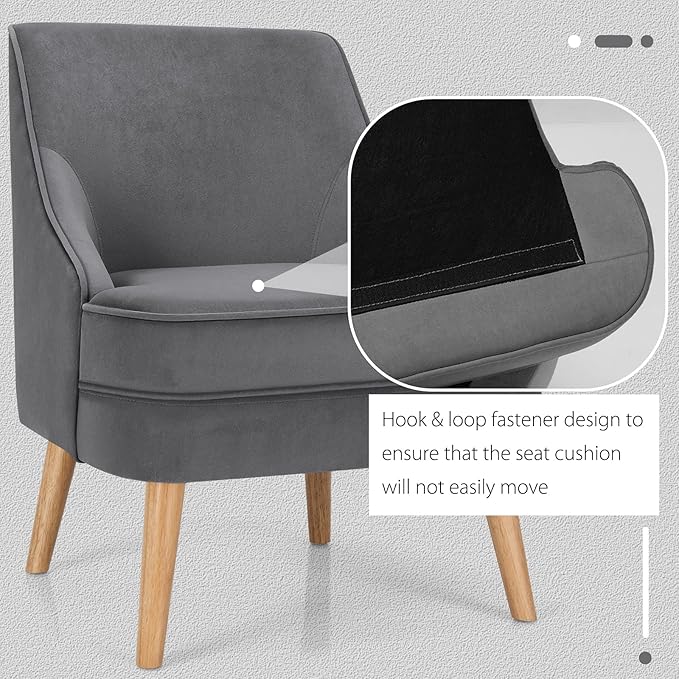 Giantex Velvet Accent Chair Mid Century Single Sofa Chair w/Rubber Wood Legs Comfy Slipper Chair Upholstered Armless Leisure Side Chair for Living Room Bedroom Meeting Room Grey