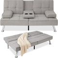 Best Choice Products Linen Modern Folding Futon Reclining Sofa Bed for Apartment Dorm w/Removable Armrests 2 Cupholders - Light Gray