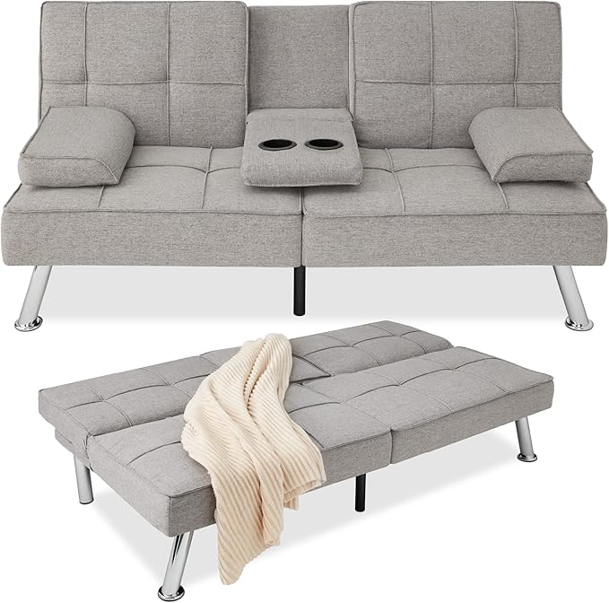 Best Choice Products Linen Modern Folding Futon Reclining Sofa Bed for Apartment Dorm w/Removable Armrests 2 Cupholders - Light Gray