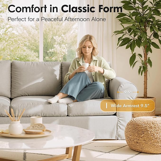 89 3 Seater Sofa for Living Room Deep Seated Comfy Couch High Back Suppor Removable Washable Couches Modern Farmhouse Rolled-Arm Sofas - Grey