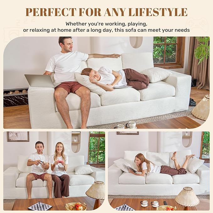 91.7 Boneless Sofa Couch with Layered Cushion3 Seater Cloud Couch with Deep SeatUpholstered Corduroy Floor Sofa with Removable Cover &ampThrow Pillows for Living RoomNo Assembly Beige