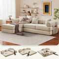 L Shaped Modular Sofa Bed with Cylindrical Pillow &amp Reversible Chaise Corduroy Folding Floor Convertible Sofa Couch Bed with Fixed-Shape Frame &amp Storage Pocket for Living Room Beige