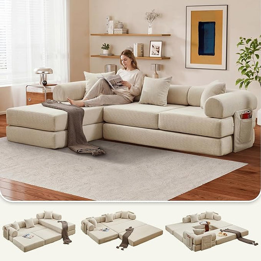 L Shaped Modular Sofa Bed with Cylindrical Pillow &amp Reversible Chaise Corduroy Folding Floor Convertible Sofa Couch Bed with Fixed-Shape Frame &amp Storage Pocket for Living Room Beige