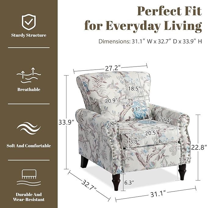 Oversized Floral Accent Chair Set of 2 Upholstered Living Room Armchair with Wooden Legs Comfy Reading Lounge Chair for Bedroom Home Office (Floral &amp Bird Pattern)