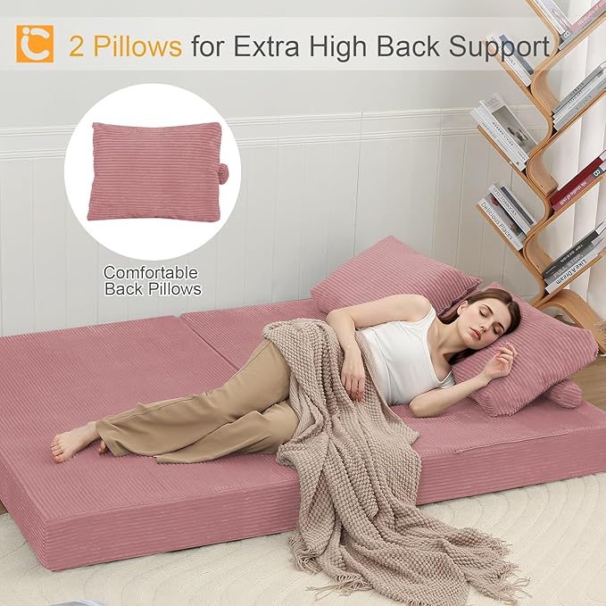COMAX Futon Sofa Bed Convertible Folding Sofa Bed Boneless Couch Loveseat Corduroy with Pillows Small Foldable Floor Couch Comfy Lounge Sleeper for Living Room Bedroom Pink