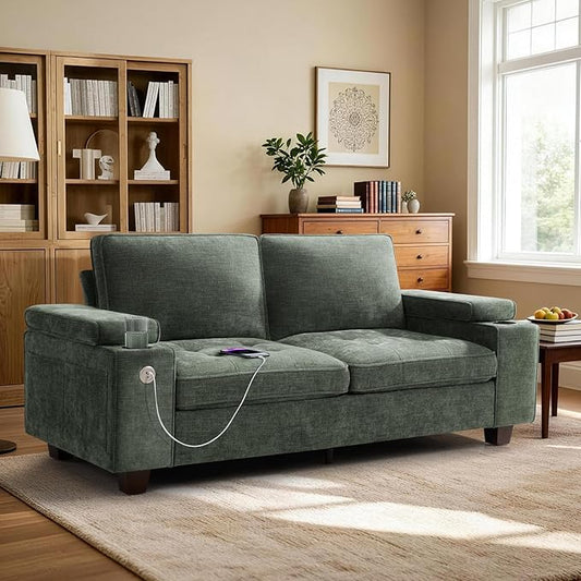 74 Loveseat Sofa for Living Room with USB &amp Type-C Ports Modern Chenille Love Seat Couch Adjustable Storage Armrest Cup Holders Solid Wood Frame Deep Seat for Small Spaces (Green 74in)
