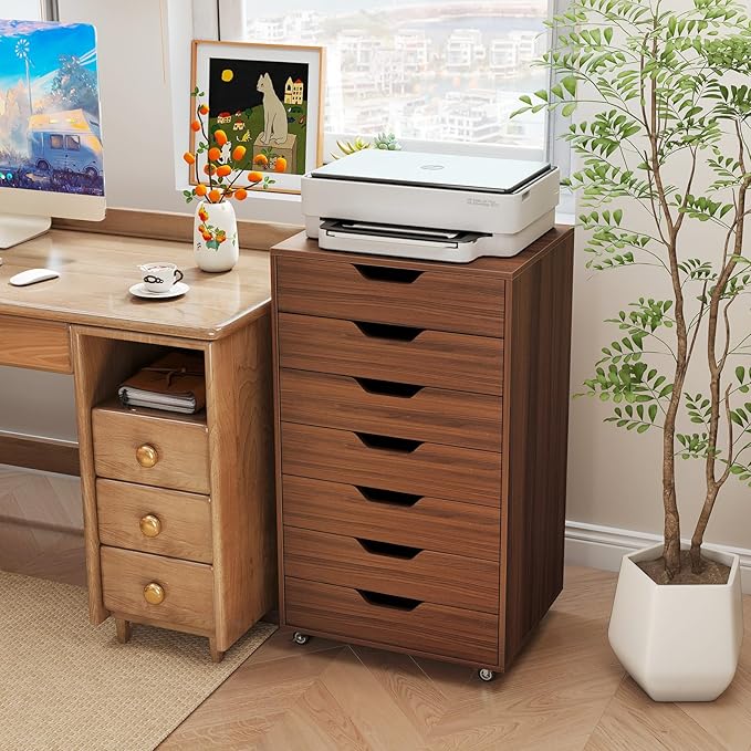 7 Drawers Filing Cabinet Vertical File Cabinet for Home Office Mobile Under Desk Office Storage Cabinets with Wheels (Walnut)
