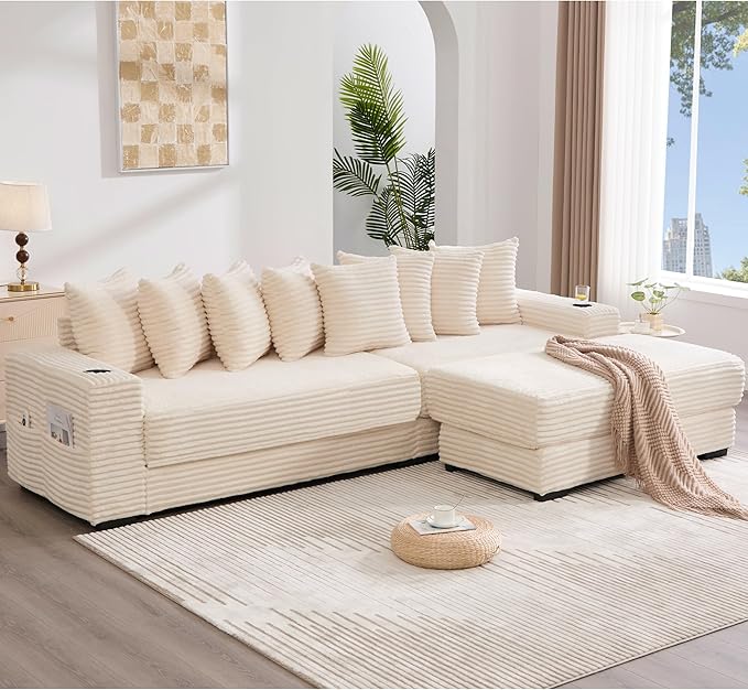 Oversized L-Shaped Modular Sectional Sofa Couch with 8 Pillows Convertible Corduroy Sleeper Sofa Bed with Cupholders &amp Storage Pockets Cloud Couch with Movable Ottoman for Living Room Beige