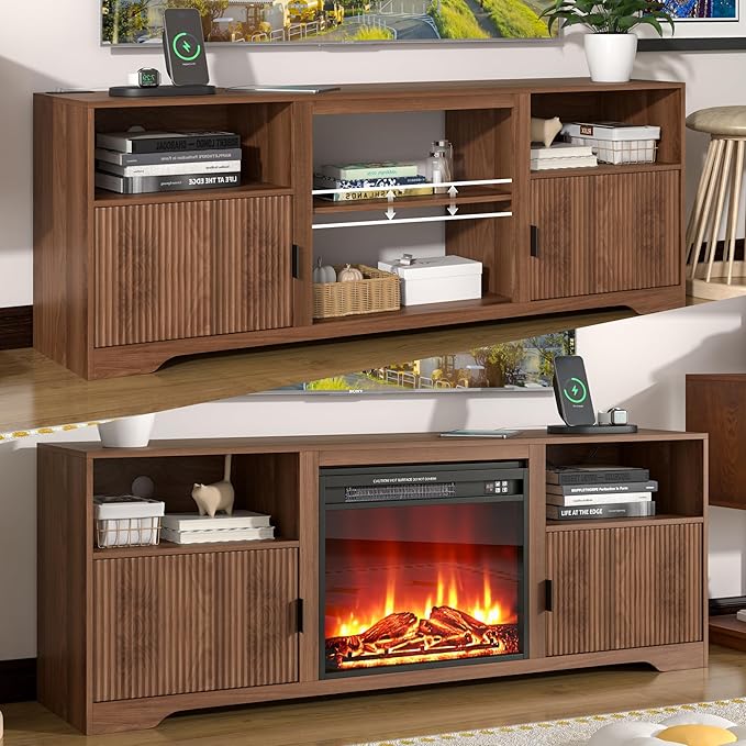Fireplace TV Stand for Television up to 80 InchEntertainment Center with Adjustable ShelfMid-Century Modern Fluted TV Stand with 23 Electric FireplaceMedia Console for Living RoomBedroom