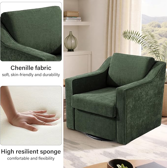 Swivel Accent Chair Modern Round Barrel Arm Chair for Living Room Bedroom Comfy Club Reading Chairs for Adults (Chenille Green Set of 2)