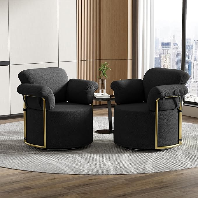 Swivel Accent Chair 360 Degree Swivel Barrel Chair Upholstered Comfy Reading Chair for Living Room Bedroom Apartment Small Space Seating with Supportive Foam Spring Cushion Black