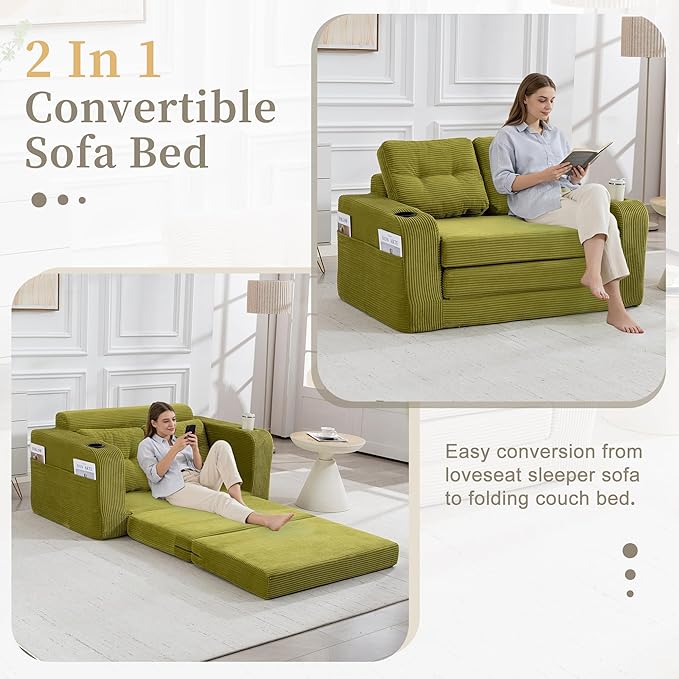 40 Folding Sofa Bed 2 in 1 Convertible Futon Sleeper Chair with Armrest &amp Backrest Comfy Chenille Cloud Floor Couch Single Sofa Chair Lounge for Living Room Bedroom (Z-Olive)