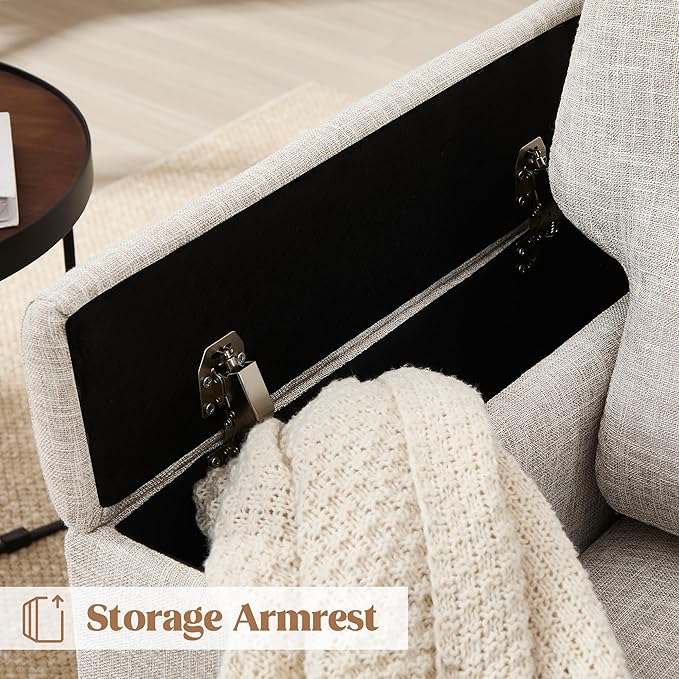Beige Accent Chair with Armrest Storage Modern Upholstered Reading Living Room Chairs Comfy Large Armchair Fabric Single Sofa Chair for Bedroom