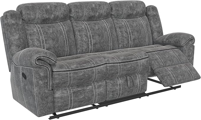 Acme Furniture Zubaida 41 x 87 Modern Velvet Reclining Sofa with USB Dock 1 Storage Drawer Tight Back &amp Seat Cushion in 2-Tone Gray Finish